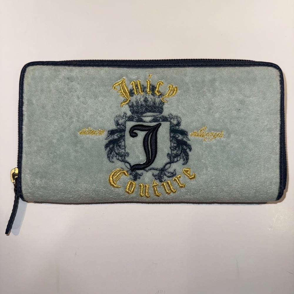 Juicy Couture Velour Crest Wallet Blue Zip Around Y2K McBling Coquette